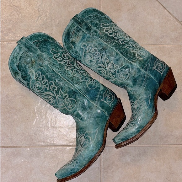 Stunning Turquoise Blue Green Teal Embroidery Stitched Tall Cowgirl Cowboy Boots